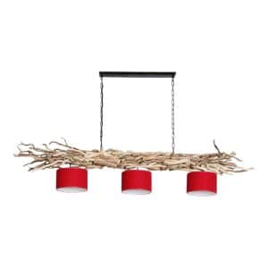 Hanglamp Ketting Brocante Kronkeltakken 3 Rode Lampenkapjes (165 cm)