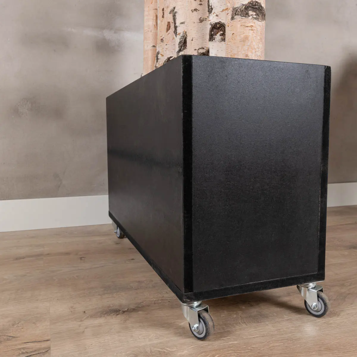 Berken Roomdivider Asta Met zwarte bak en wieltjes H180cm, bak