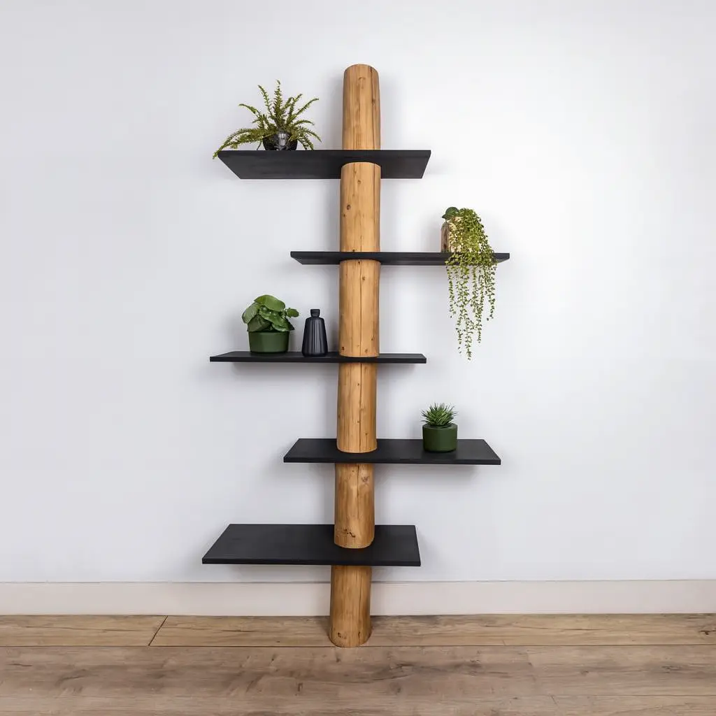 Boomstam Wandkast Kiran Old NaturelZwart 110x30x250