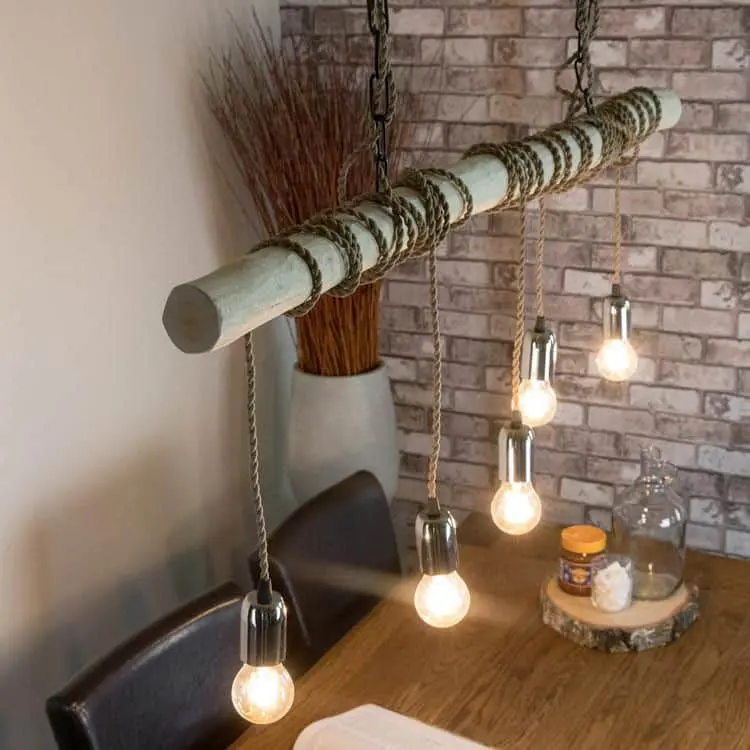 Boomstam hanglamp Met ketting en beige stofkabel B120cm (2)