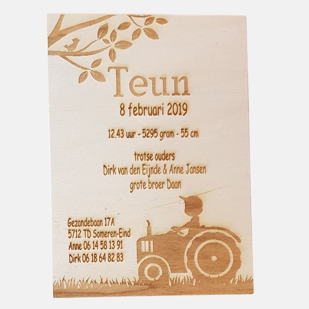 Houten geboortekaartje Teun