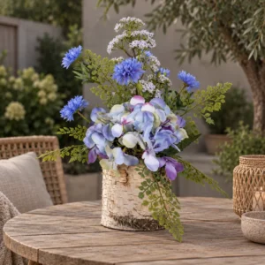 Rustiek boeket op een houten tuintafel