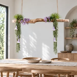 Rustieke bloemenhanger boven lichte eettafel