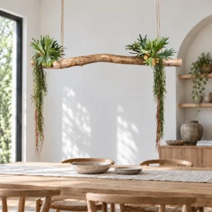 Rustieke houten plantenhanger in lichte eetkamer