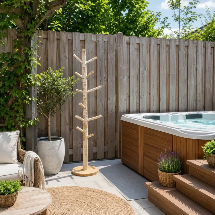 Teak kapstok met houten haken (1)