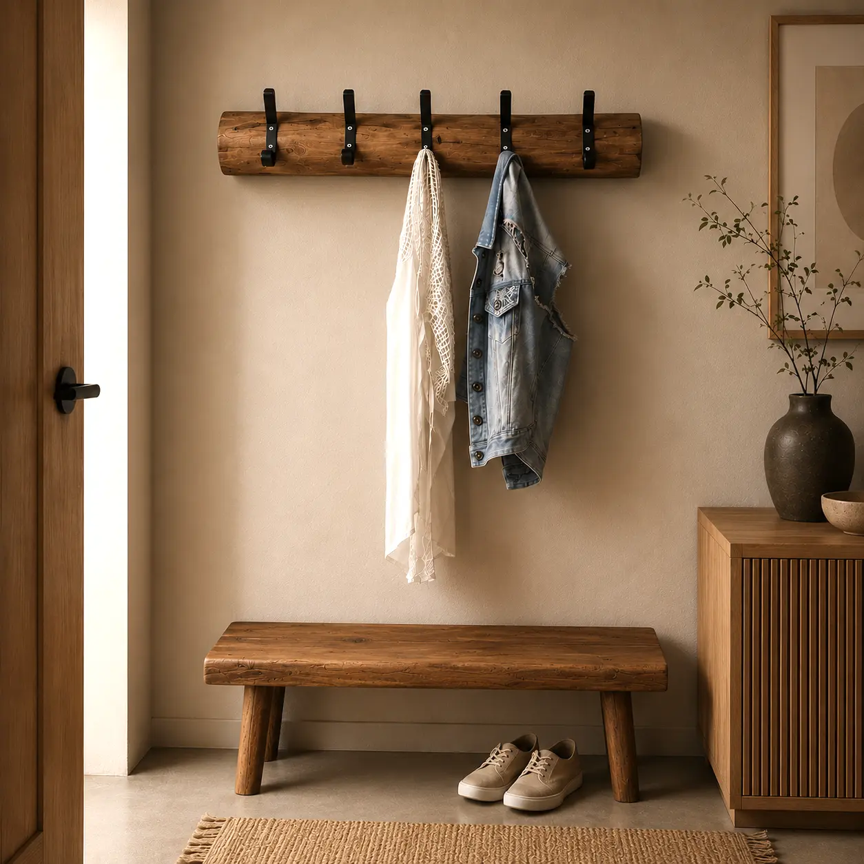 Wandkapstok Oak met zwarte haken