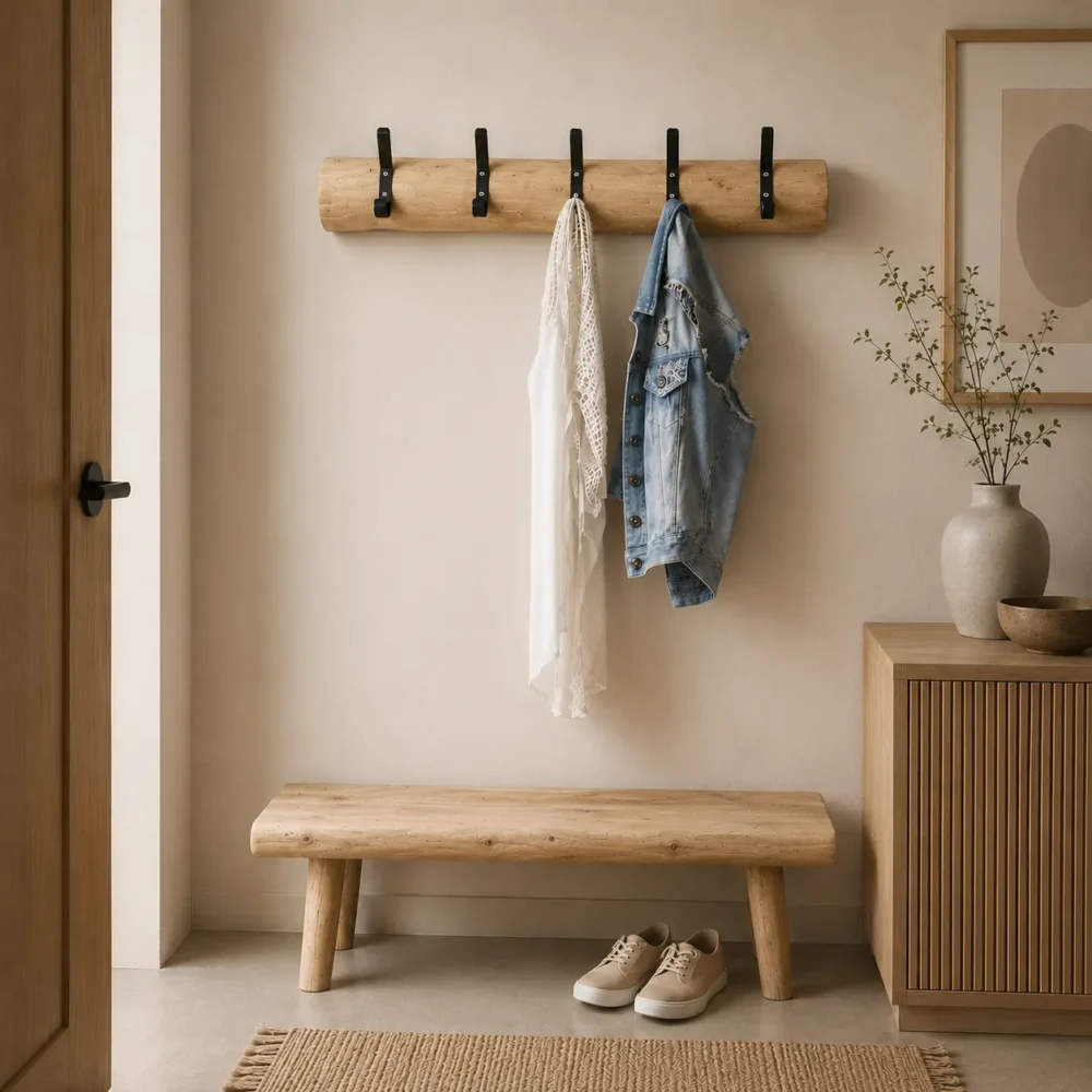 Wandkapstok naturel 100 cm 5 zwarte haken 100 cm
