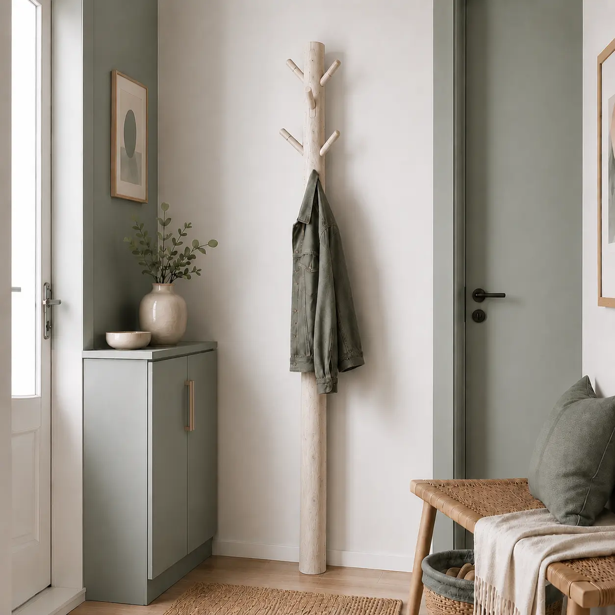 Wandkapstok white wash met houten haken 165 cm